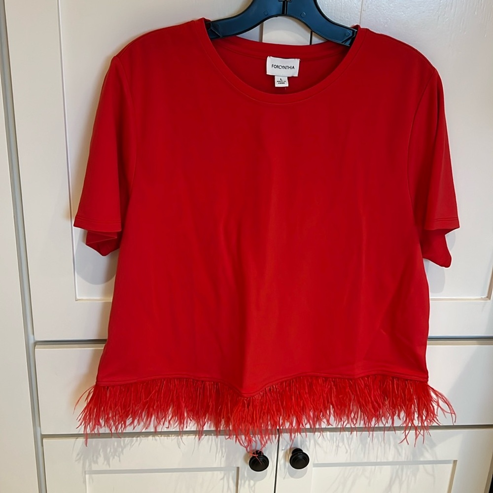 For Cynthia women size Large Red top with real feather trim